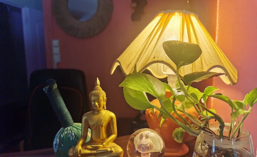 Bouddha doré, lampe à abat-jour plissé et plante verte sur une table du salon