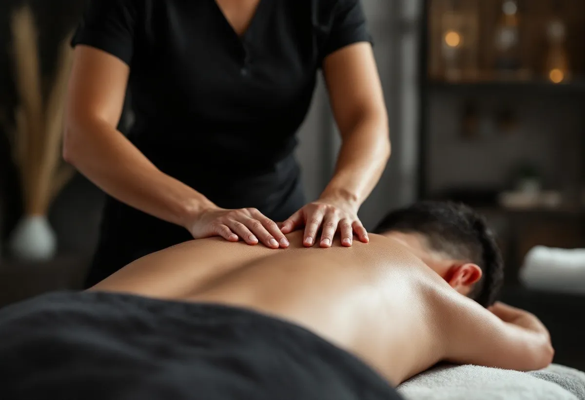 Mains d’une masseuse posées à plat sur le dos d’un client allongé